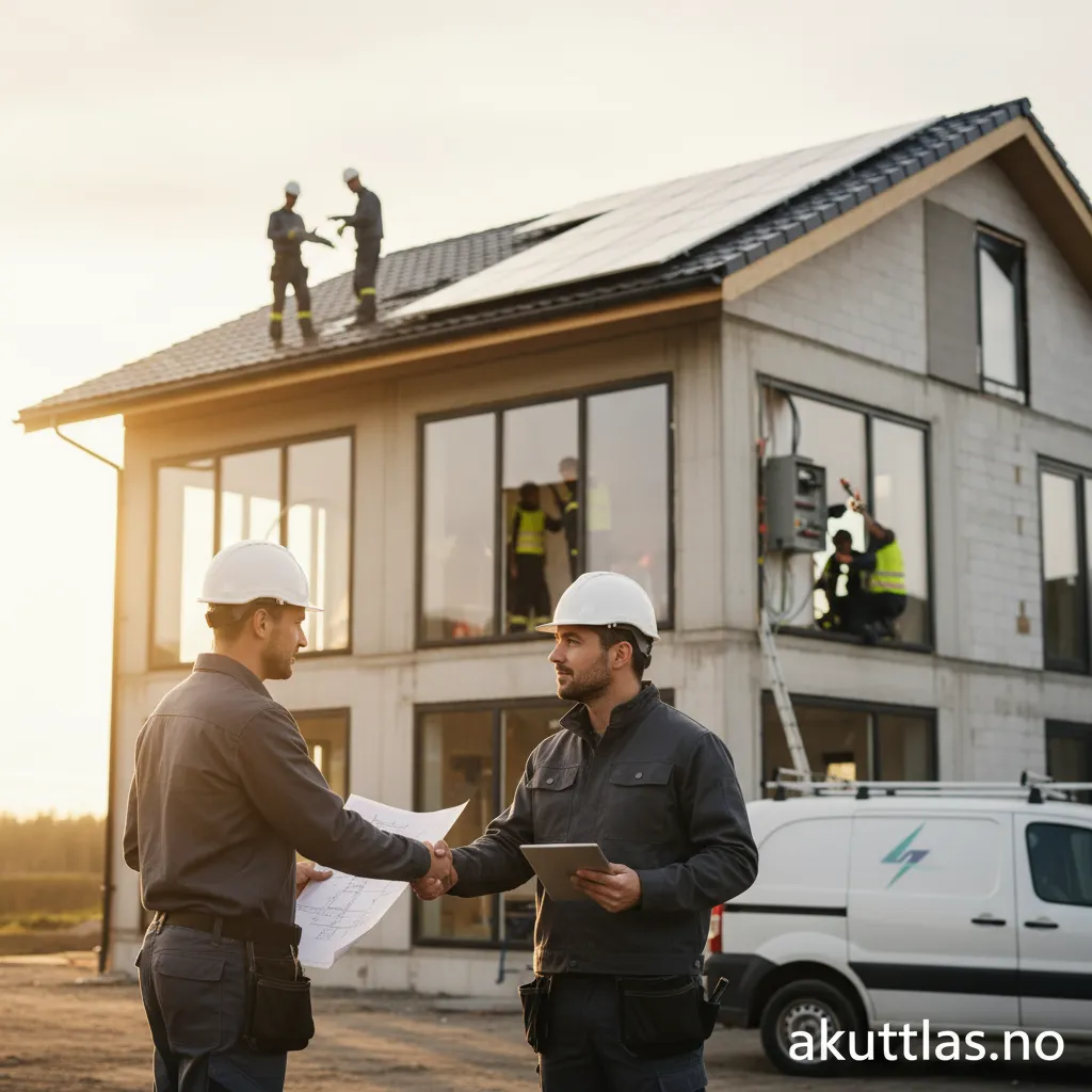 Elektrikere som diskuterer en blåkopi under et elektrikerfirma samarbeid.