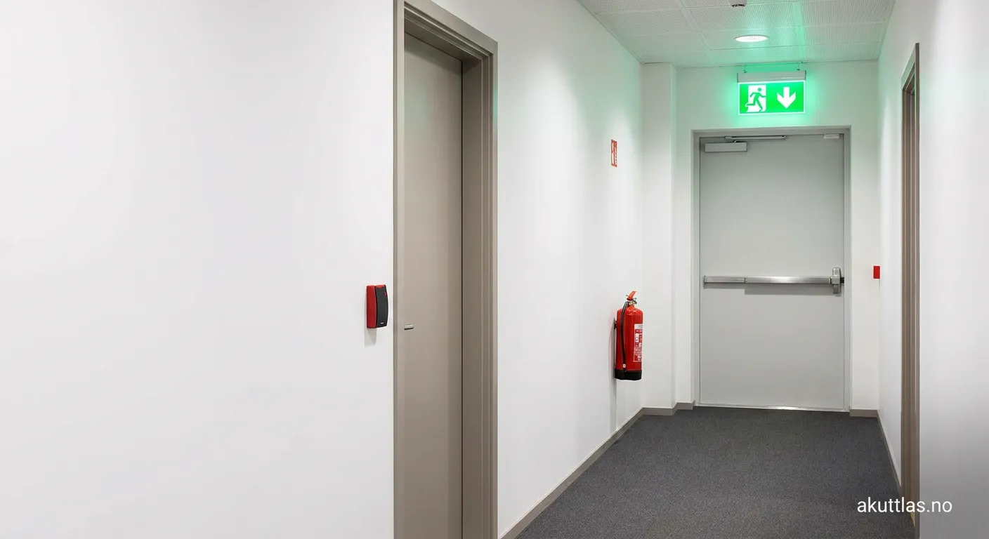 Etikettrom med merket dør som viser sikkerhetskrav for nødutganger