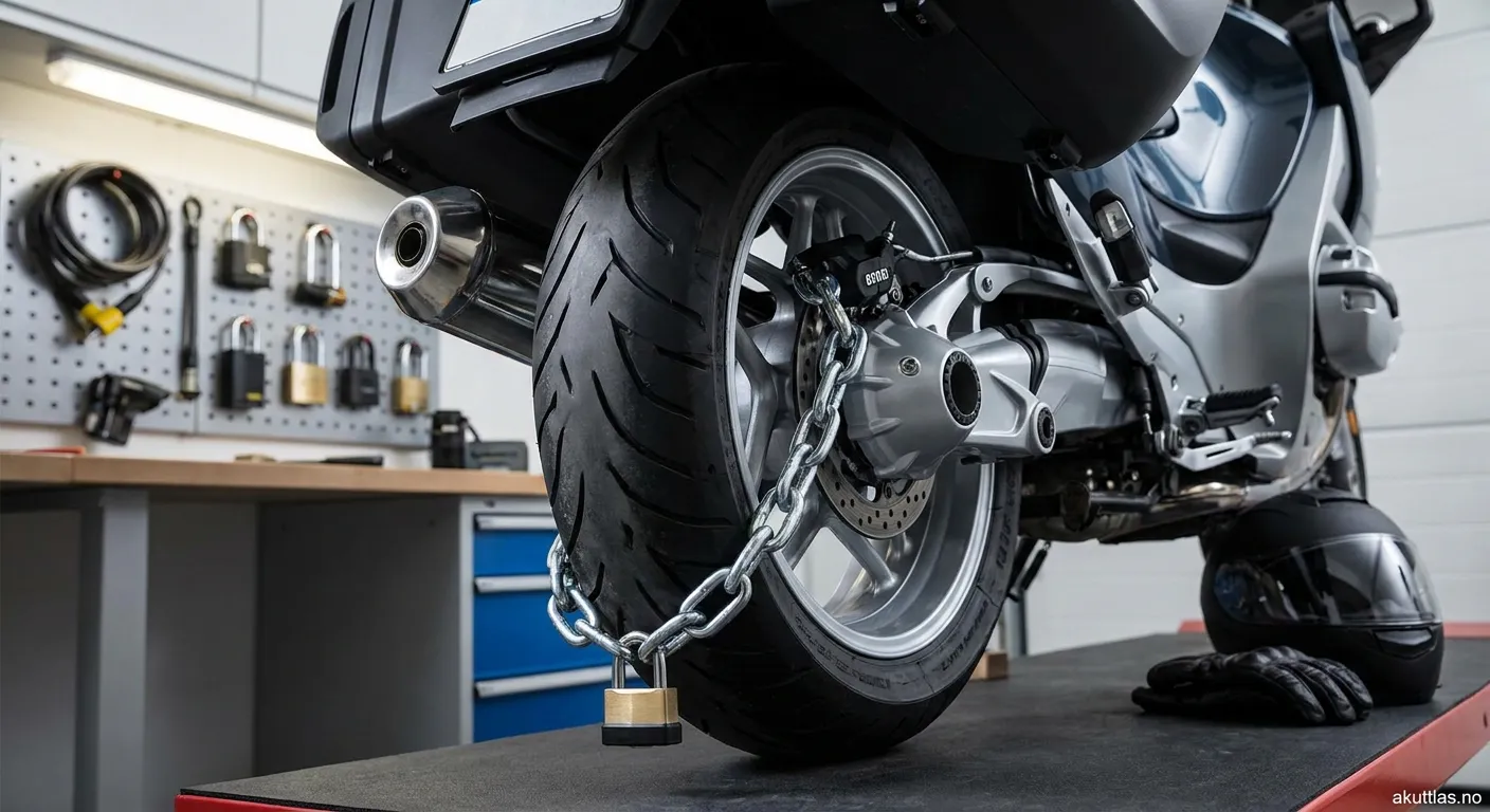Ulike typer motorsykkel-låser på display for demonstrasjon av sikkerhetsløsninger