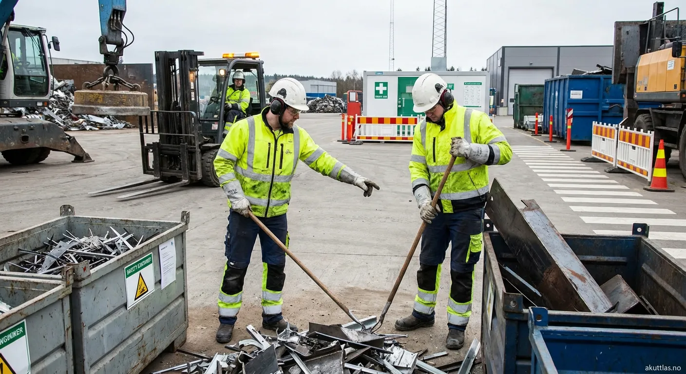 Arbeider med verneutstyr håndterer skrapmetall trygt på et gjenvinningsanlegg